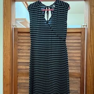 IBEX 100% Merino Wool Faux Wrap Dress, Black/Gray Stripes, Cutout Back, Size M